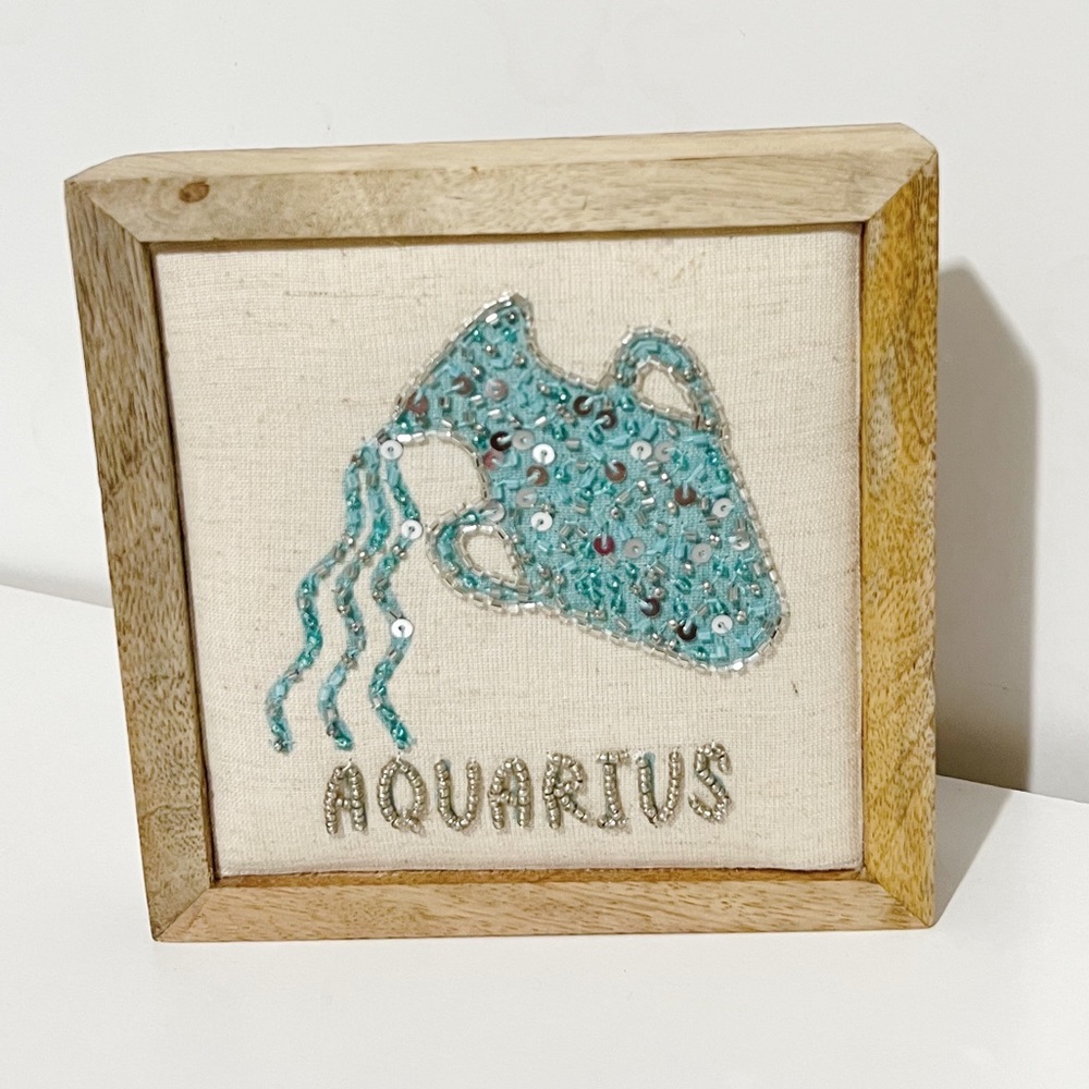 NEW Handcrafted Rustic Wood Beaded AQUARIUS Zodiac Sign wall decor